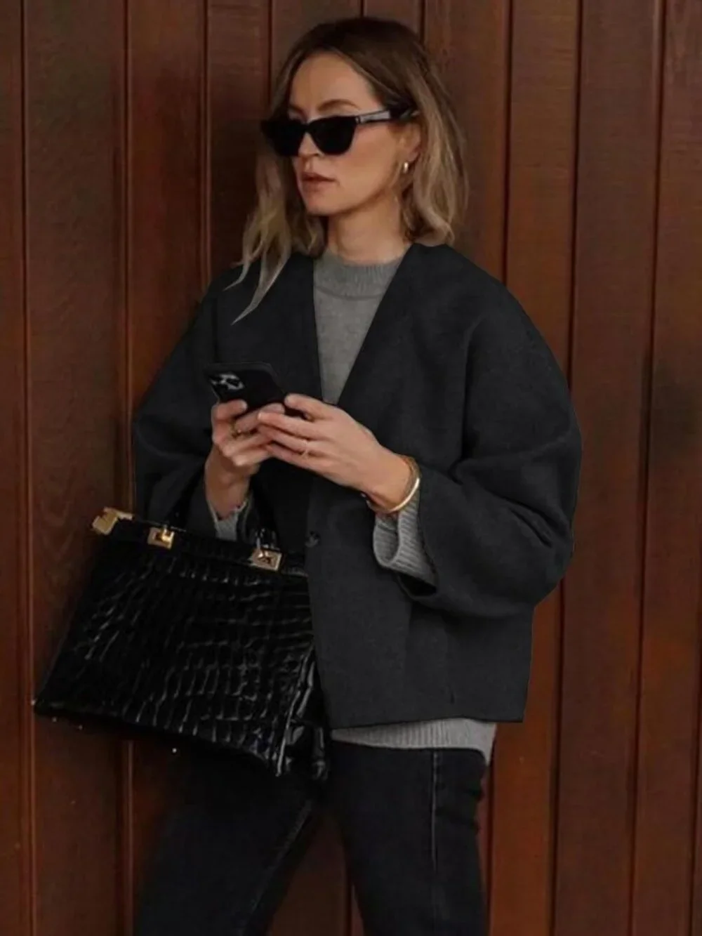 Women's Grey Wool Blend Collarless Cropped Long Sleeve Short Fall Pea Overcoat